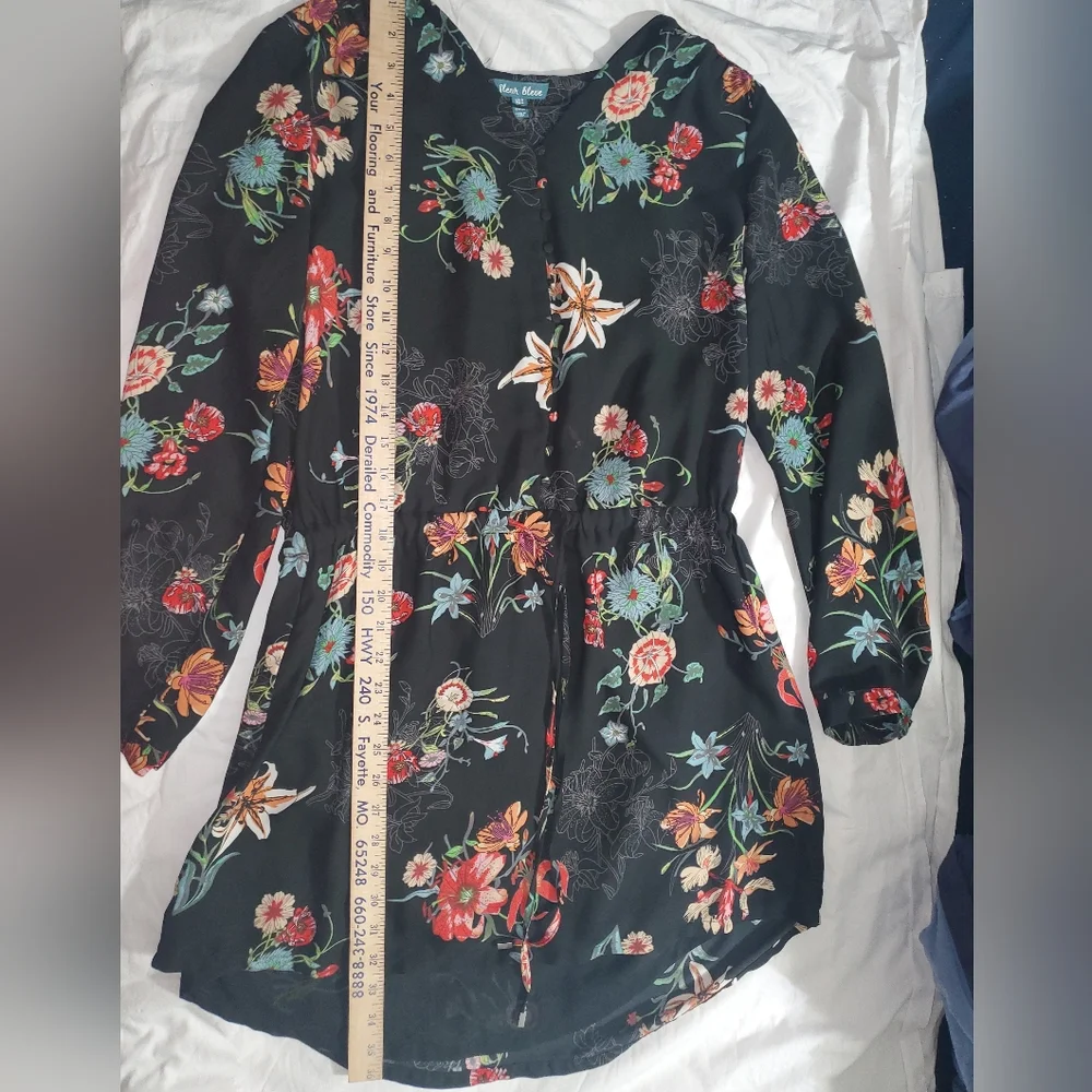 : fleur bleve black floral design button front Drawstring tunic dress top sz 8 - Picture 10 of 16